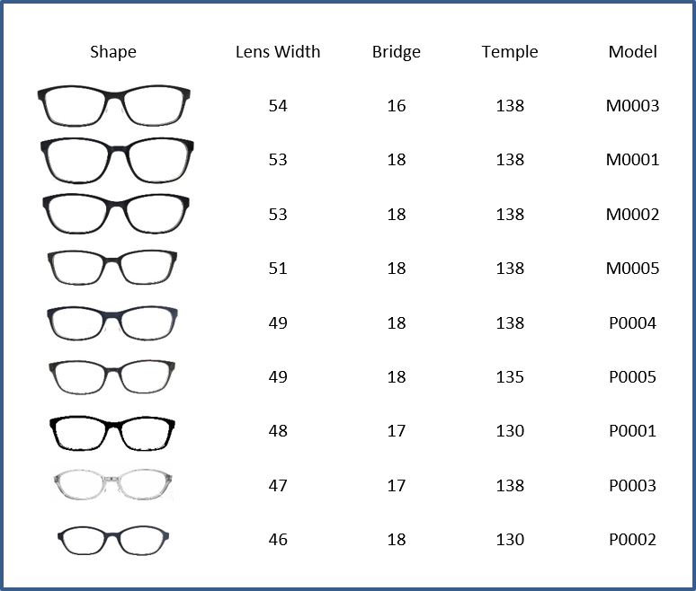 Glasses Frame Size Chart